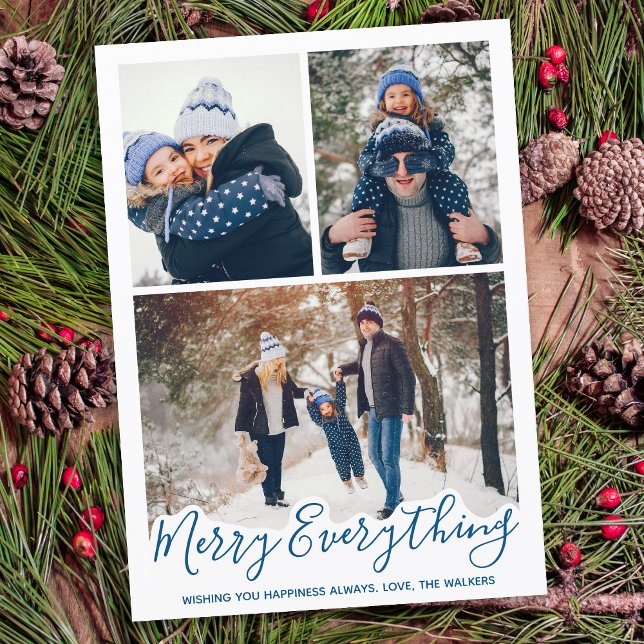 Tarjeta Festiva Merry Everything Simple Blue Family Photo (Subido por el creador)