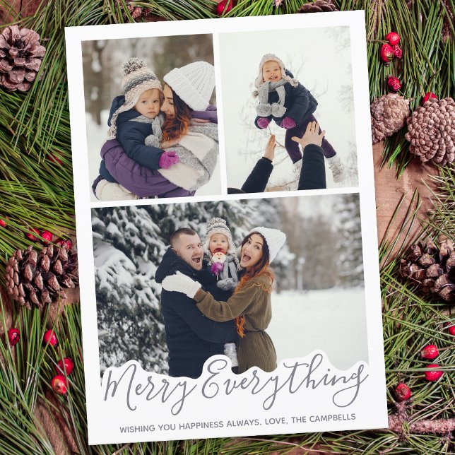Tarjeta Festiva Merry Everything Simple Grey Family Photo (Subido por el creador)