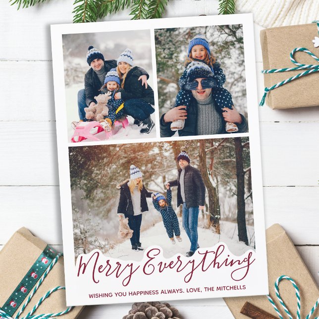 Tarjeta Festiva Merry Everything Simple Red Family Photo (Subido por el creador)