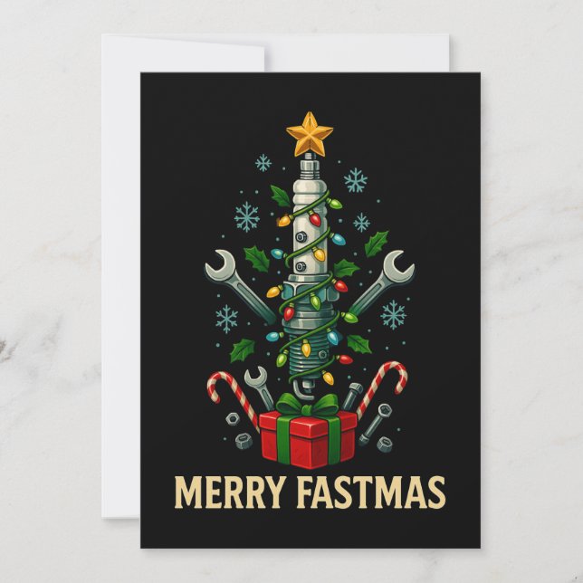 Tarjeta Festiva Merry Fastmas Spark Plug Christmas Tree Mechanic  (Anverso)