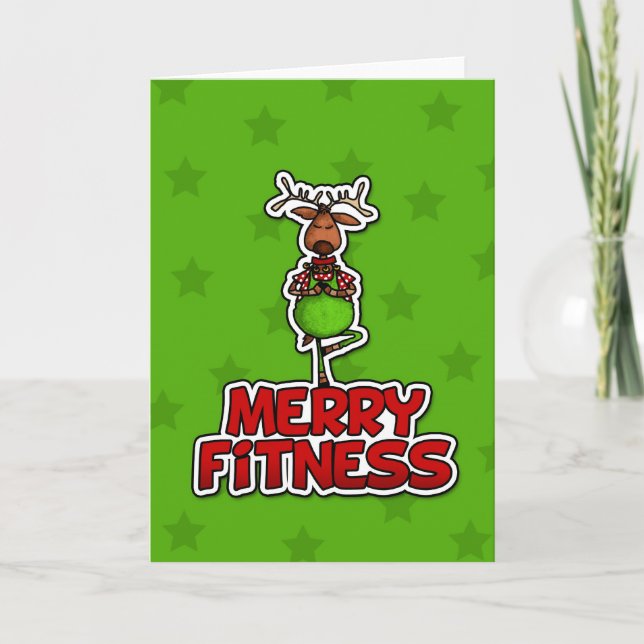 Tarjeta Festiva Merry Fitness - Yoga - reno en la postura del árbo (Anverso)