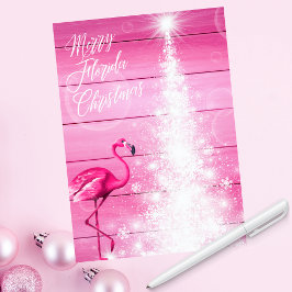 Tarjeta Festiva Merry Florida Navidades Árbol blanco Flamingo rosa