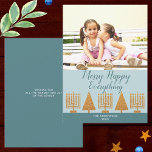 Tarjeta Festiva Merry Gold Blue Stylish Añadir tu foto<br><div class="desc">Añada su foto a estas elegantes tarjetas de vacaciones en azul pastel, azul oscuro y un toque de blanco con un moderno diseño de Menorah y árboles de oro interreligioso. La plantilla de fotos facilita la carga de la imagen en la parte superior de estas tarjetas y, a continuación, añade...</div>