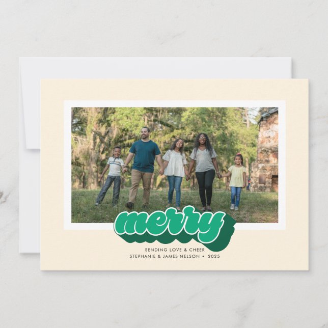 Tarjeta Festiva Merry Green Retro Script Christmas Photo (Anverso)