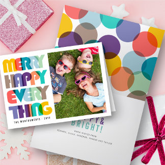 Tarjeta Festiva Merry Happy Everything Colorous Typography Photo