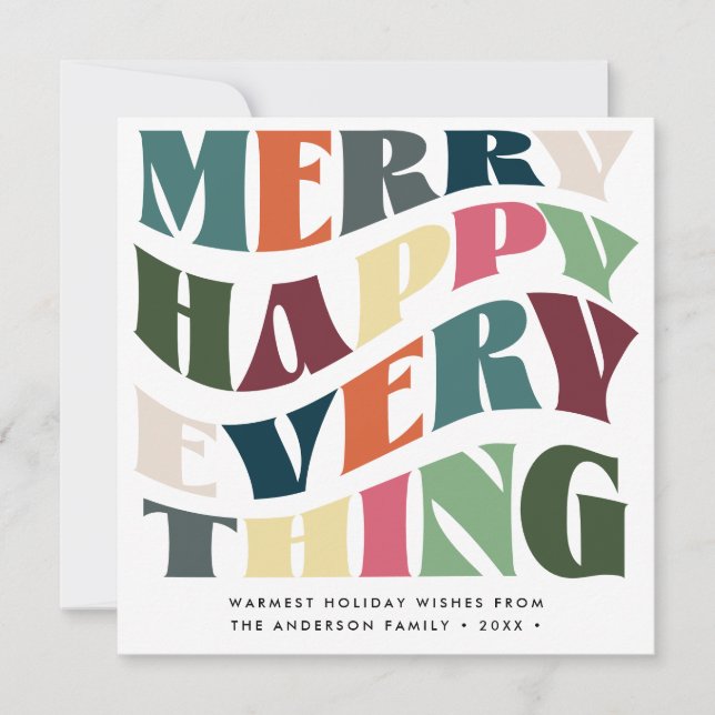 Tarjeta Festiva Merry Happy Everything Wave Typography 2 Fotos (Anverso)
