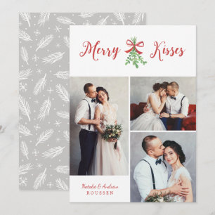 Tarjeta Festiva Merry Kisses modernos tres fotos Mistletoe