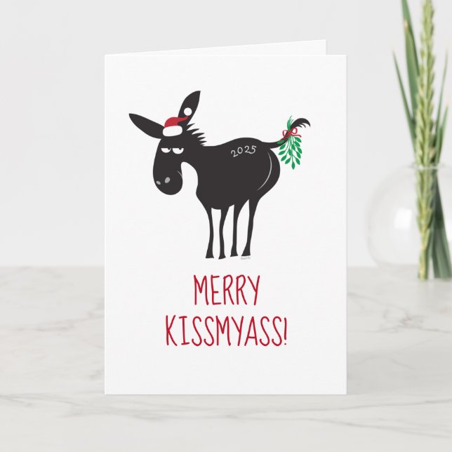Tarjeta Festiva Merry KissMyAss! Donkey with Mistletoe (Anverso)