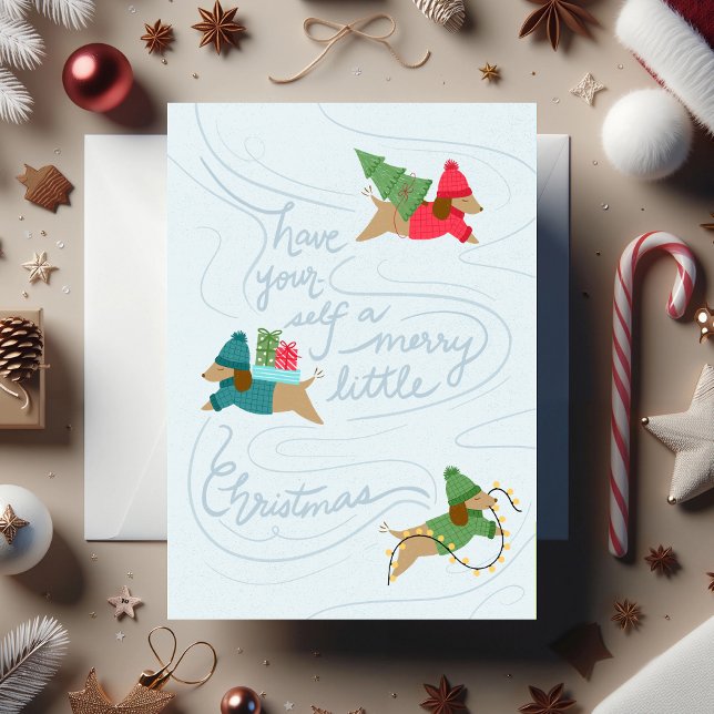 Tarjeta Festiva Merry Little Pups- Non-Photo Flat Holiday Card (Non-photo holiday card, "Merry Little Pups", illustrated by Clearlytangled Studio.)