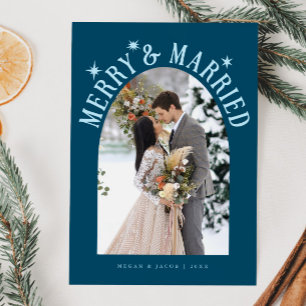 Tarjeta Festiva Merry & Married Arch Foto recién casada Verde azul