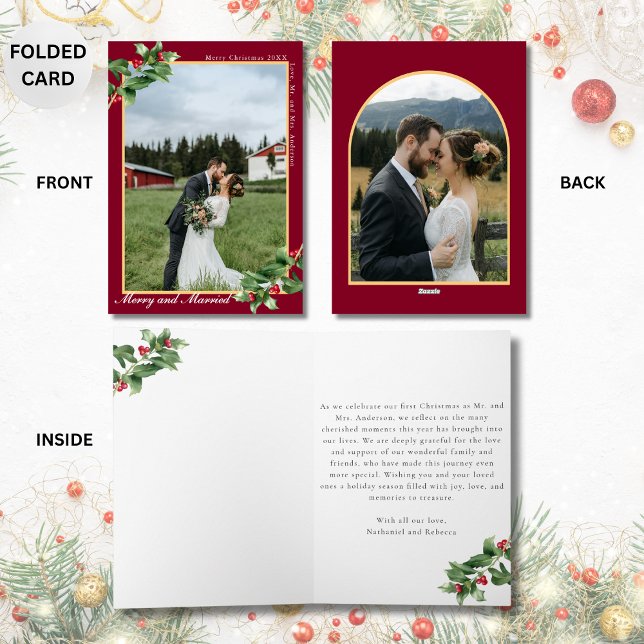 Tarjeta Festiva Merry & Married Burgundy 2 Photo Folded Christmas (Subido por el creador)