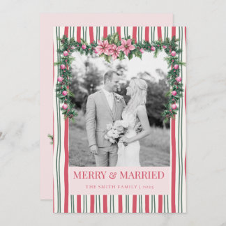Tarjeta Festiva Merry & Married Christmas Garland Striped Photo