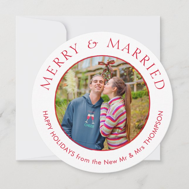 Tarjeta Festiva Merry Married Photo Circle Navidades Blancos (Anverso)