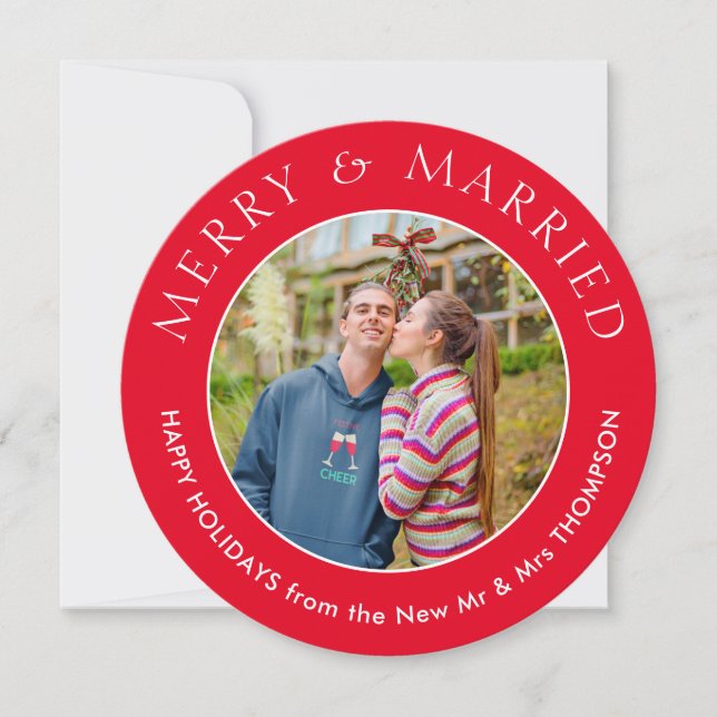 Tarjeta Festiva Merry Married Photo Circle Navidades Red (Anverso)