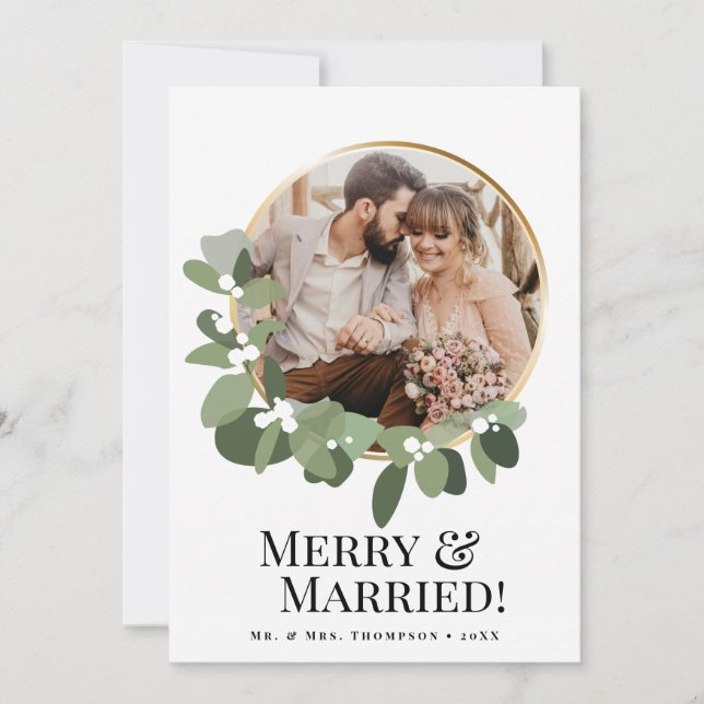 Tarjeta Festiva Merry & Married Photo Modern wreath Elegant (Anverso)