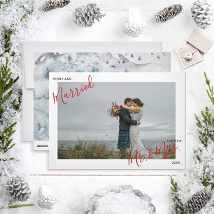 Tarjeta Festiva Merry & Married Red Script  Mr. & Mrs. Photo Xmas