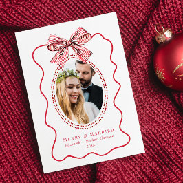 Tarjeta Festiva Merry Married Red Wavy Frame Bow Photo Navidades