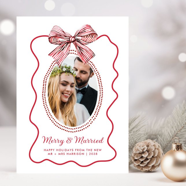 Tarjeta Festiva Merry Married Red Wavy Frame Bow Photo Navidades (Subido por el creador)