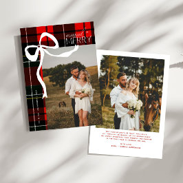 Tarjeta Festiva Merry & Married Script Photo Christmas Tartan Bow