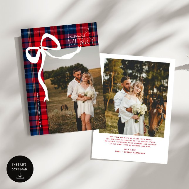 Tarjeta Festiva Merry & Married Script Photo Christmas Tartan Bow  (Subido por el creador)