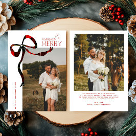 Tarjeta Festiva Merry & Married Script Photo Christmas Tartan Bow