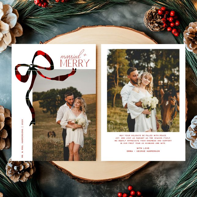 Tarjeta Festiva Merry & Married Script Photo Christmas Tartan Bow  (Subido por el creador)