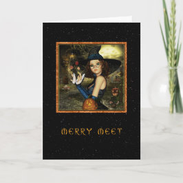 Tarjeta Festiva Merry Meet - Cute Witch Star Sky