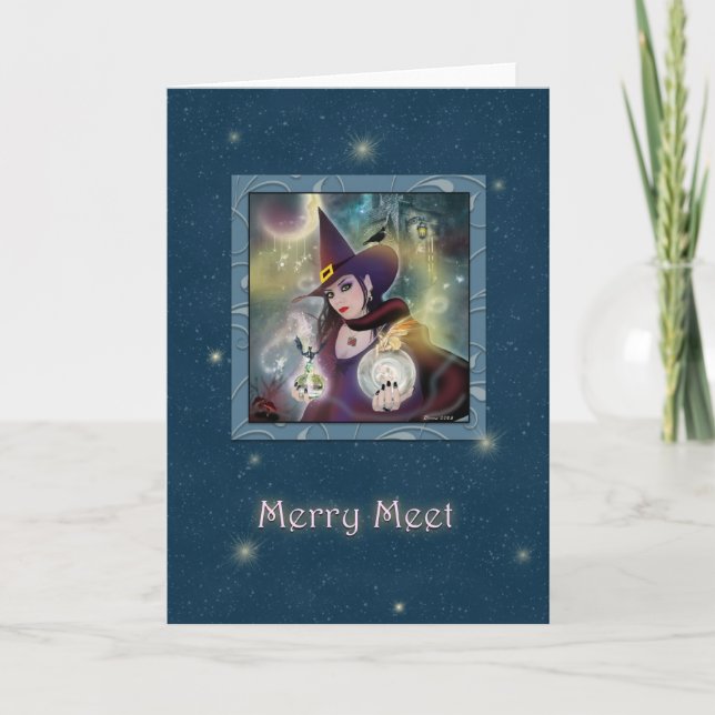 Tarjeta Festiva Merry Meet - Witch Blue Sparkall en blanco (Anverso)