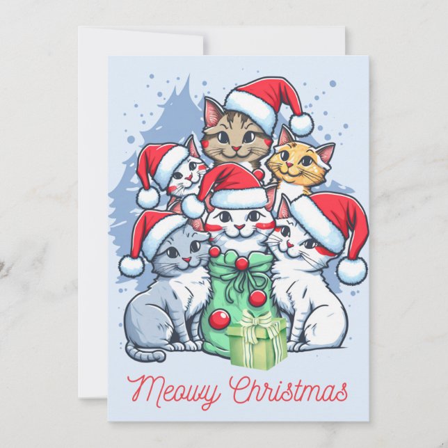 Tarjeta Festiva Merry Meowy Navidades Santa Cats con regalo (Anverso)