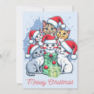 Tarjeta Festiva Merry Meowy Navidades Santa Cats con regalo