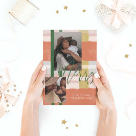 Tarjeta Festiva Merry Modern Peach & Green Plaid Plaid Two Photo