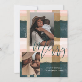 Tarjeta Festiva Merry Moderno Green & Pink Plaid Plaid Two Photo