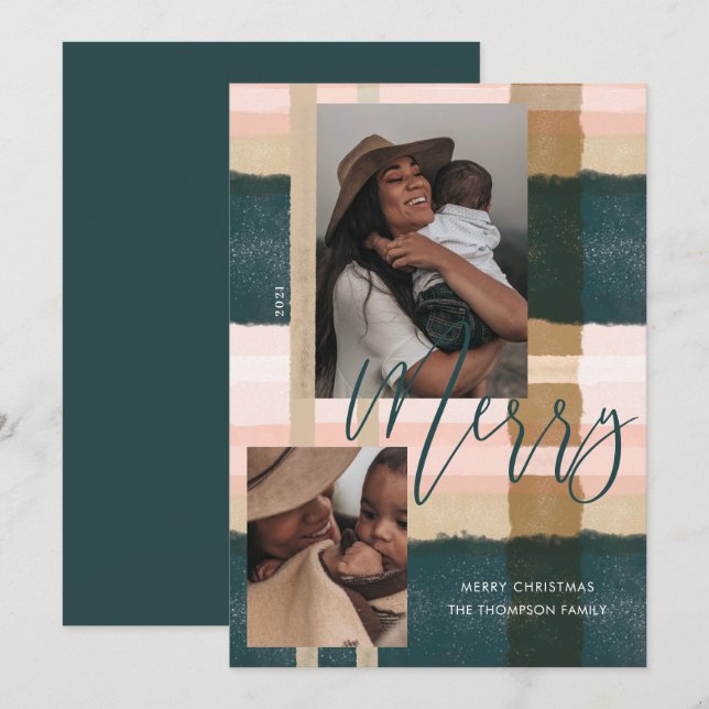 Tarjeta Festiva Merry Moderno Green & Pink Plaid Plaid Two Photo (Anverso / Reverso)
