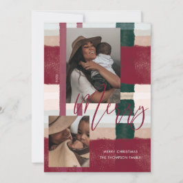 Tarjeta Festiva Merry Moderno Maroon & Green Plaid Plaid Two Photo