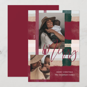 Tarjeta Festiva Merry Moderno Maroon & Green Plaid Plaid Two Photo