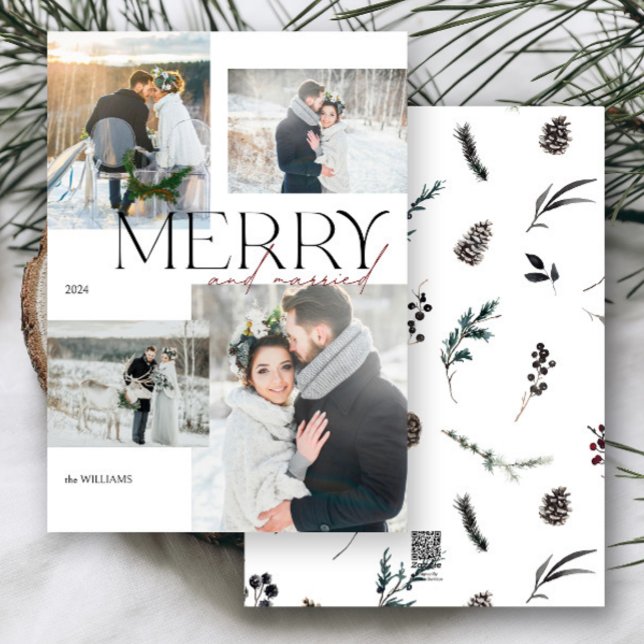 Tarjeta Festiva Merry moderno y recién casados 4 Foto (Merry & married! Celebrate your first holiday as newlyweds with this elegant photo card.)