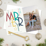 Tarjeta Festiva Merry Photo Vintage Bright Colorful<br><div class="desc">Celebrate 100 years in 2022 with this colorful vintage 1920's deco style, "Merry", 7' x 5" flat greeting cards with placeholders for your four (4) of your favorite photos, name and year. One photo is on the front 2:3 ratio, two on the back are square, the center is 2:3 ratio....</div>