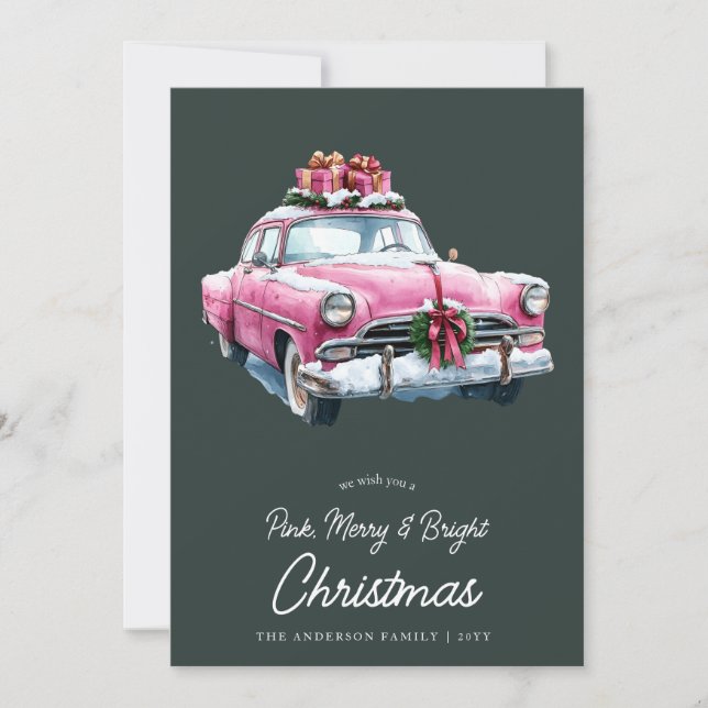 Tarjeta Festiva Merry Pink Navidades de coche retro acuarela (Anverso)