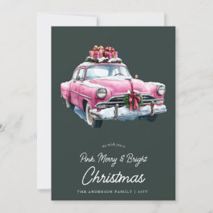 Tarjeta Festiva Merry Pink Navidades de coche retro acuarela