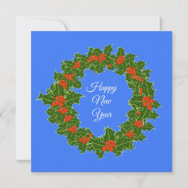 Tarjeta Festiva Merry Red Berry y Holly Wreath (Anverso)
