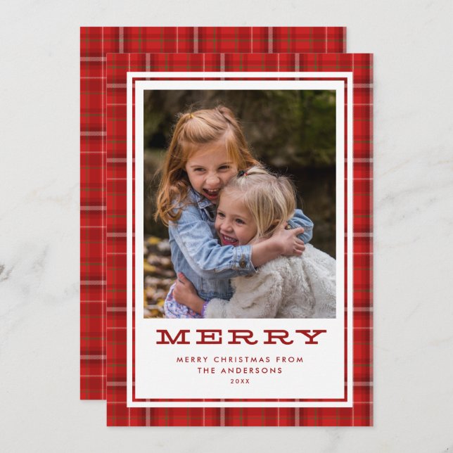 Tarjeta Festiva Merry Red Plaid Single Photo (Anverso / Reverso)