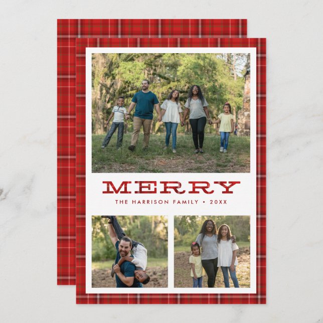 Tarjeta Festiva Merry Red Plaid Tres Navidades De Fotografía (Anverso / Reverso)