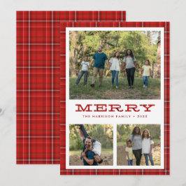 Tarjeta Festiva Merry Red Plaid Tres Navidades De Fotografía