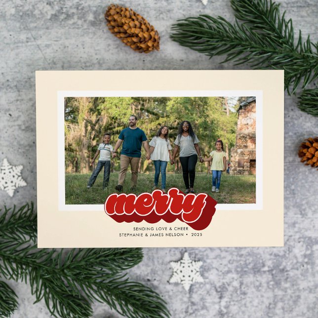 Tarjeta Festiva Merry Red Retro Script Christmas Photo (Subido por el creador)