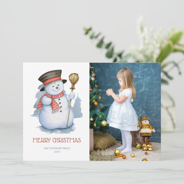 Tarjeta Festiva Merry Snowman | Navidades fotográficos (Anverso de pie)
