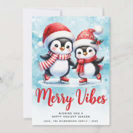 Tarjeta Festiva Merry Vibes Cute Penguins Blue Red Navidades