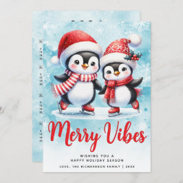 Tarjeta Festiva Merry Vibes Cute Penguins Blue Red Navidades