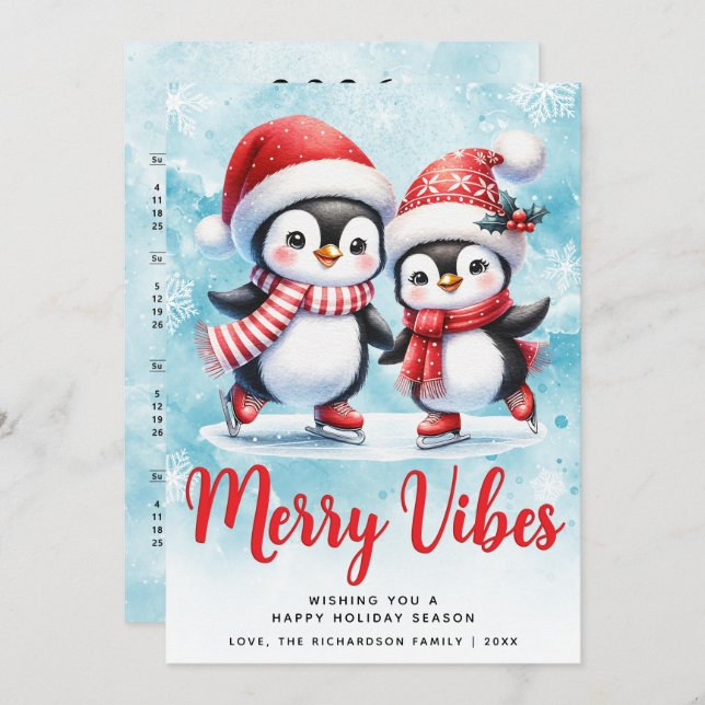 Tarjeta Festiva Merry Vibes Cute Penguins Blue Red Navidades (Anverso / Reverso)