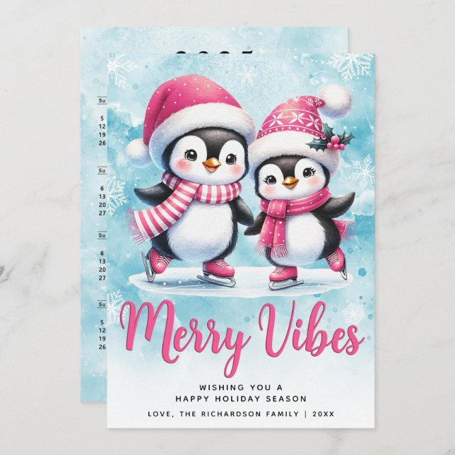 Tarjeta Festiva Merry Vibes Cute Penguins Navidades Blue Pink (Anverso / Reverso)