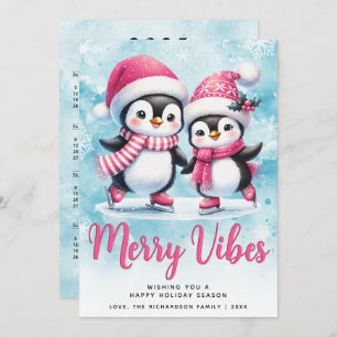 Tarjeta Festiva Merry Vibes Cute Penguins Navidades Blue Pink